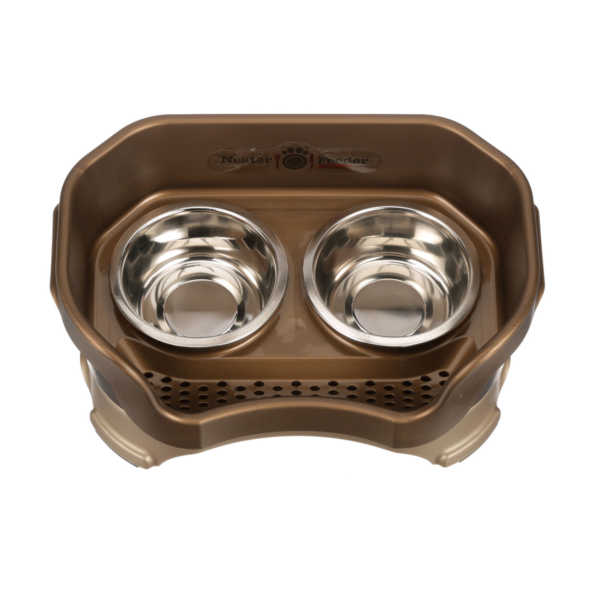 Deluxe small Neater Feeder in Bronze top view with two stainless steel bowls against a white background.