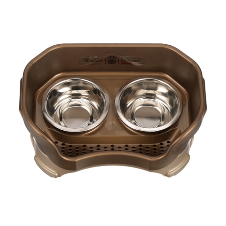 Deluxe small Neater Feeder in Bronze top view with two stainless steel bowls against a white background.