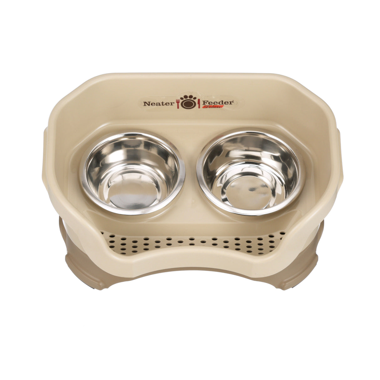 Deluxe small Neater Feeder in Cappuccino top view with two stainless steel bowls against a white background.