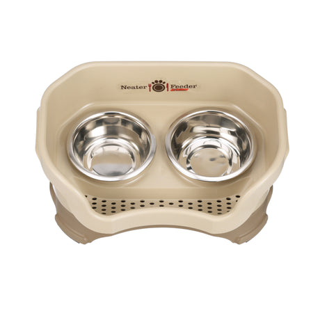 Deluxe small Neater Feeder in Cappuccino top view with two stainless steel bowls against a white background.