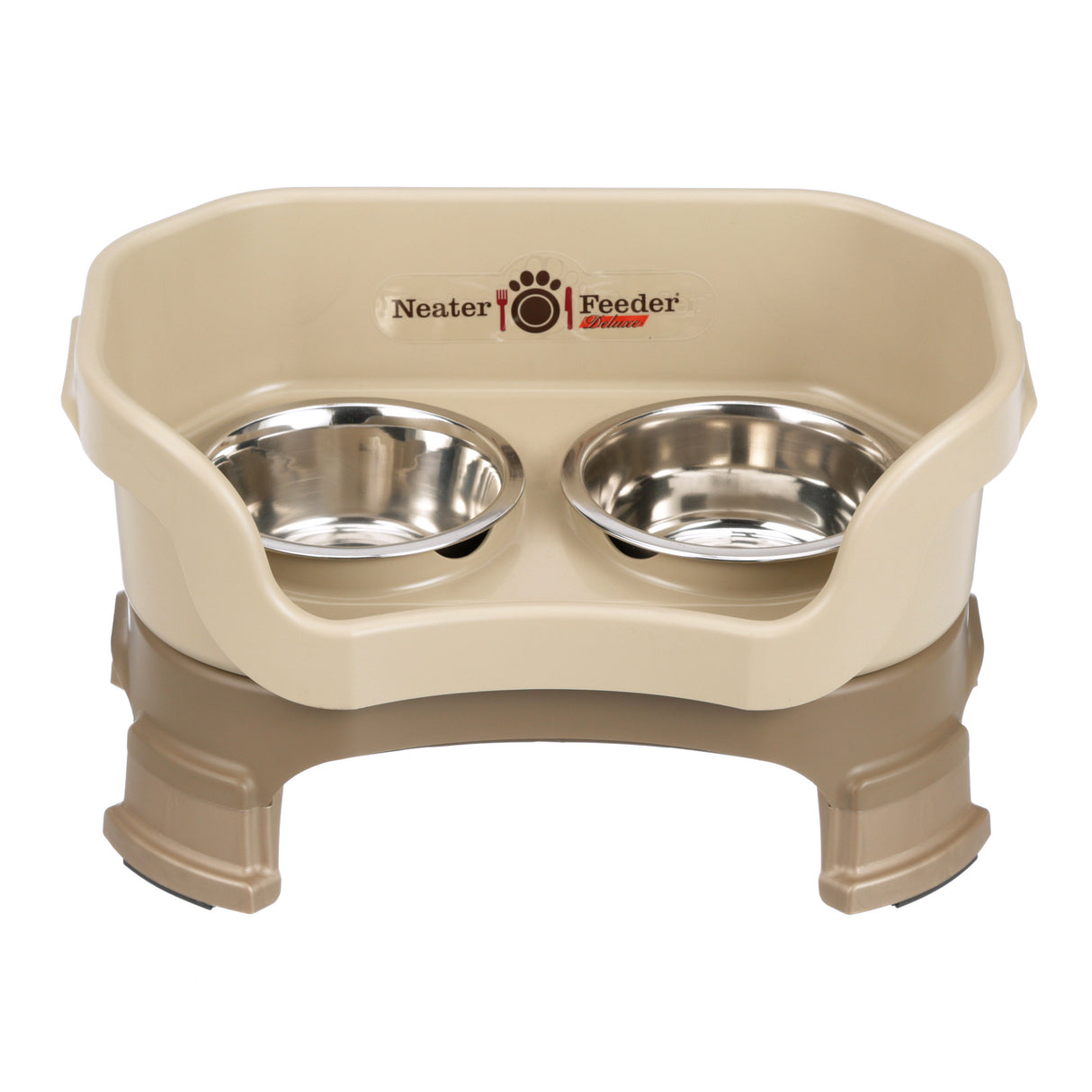 Neater Feeder Deluxe small with leg extensions in Cappuccino with two stainless steel bowls against a white background.