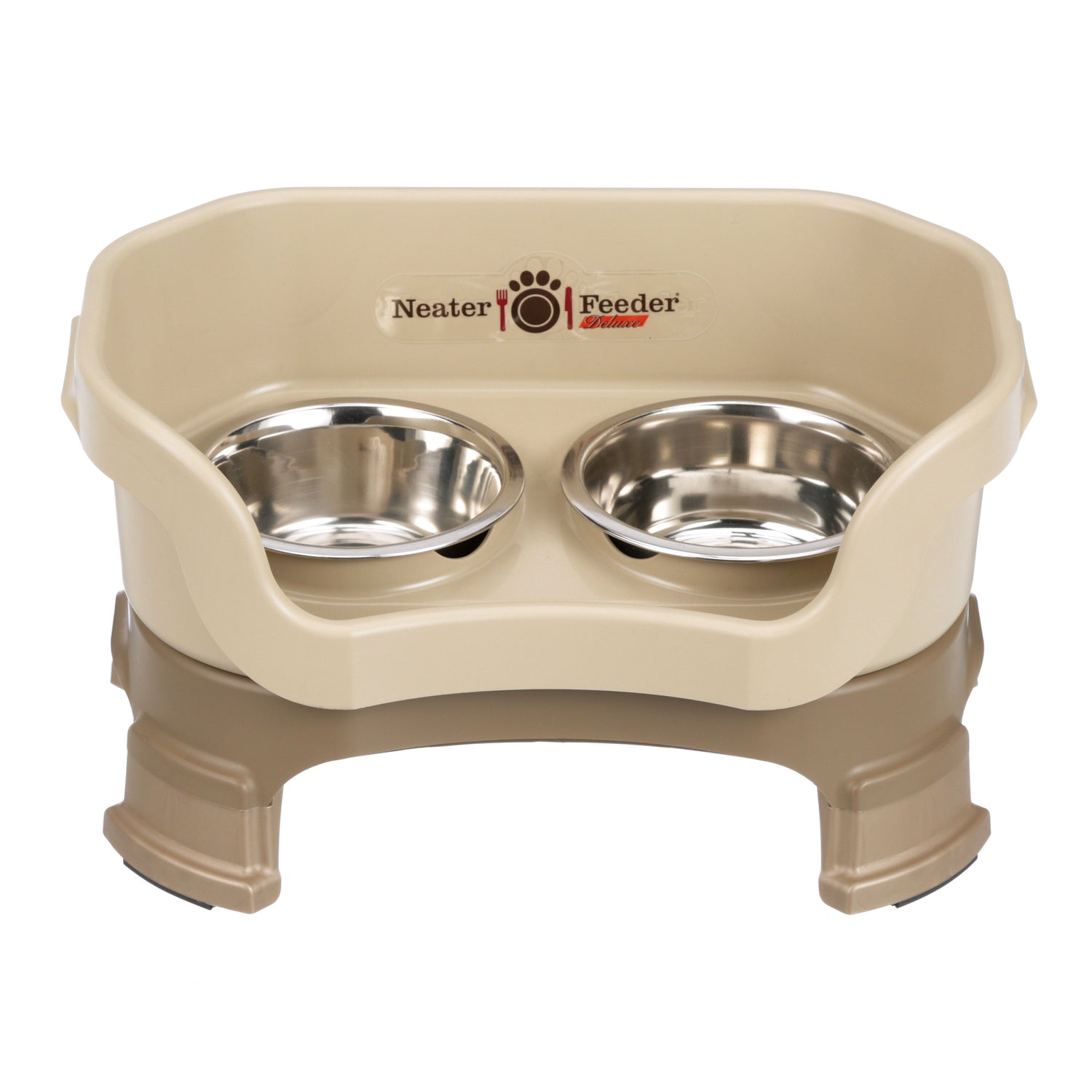 Neater Feeder Deluxe small with leg extensions in Cappuccino with two stainless steel bowls against a white background.