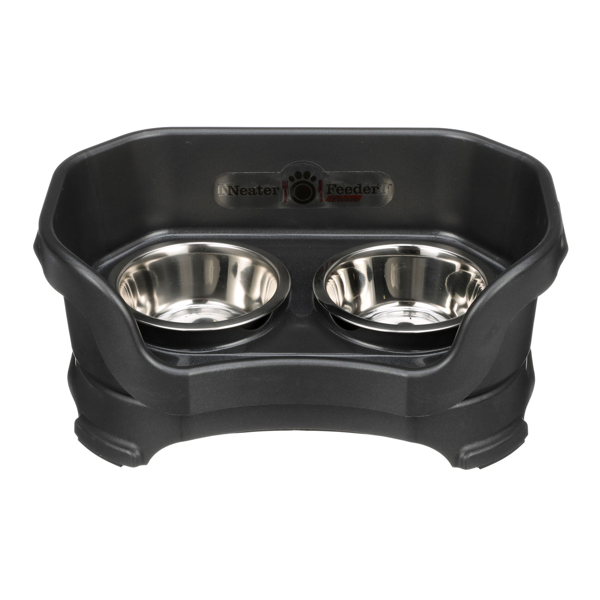 Deluxe small Neater Feeder in Midnight Black with two stainless steel bowls against a white background.