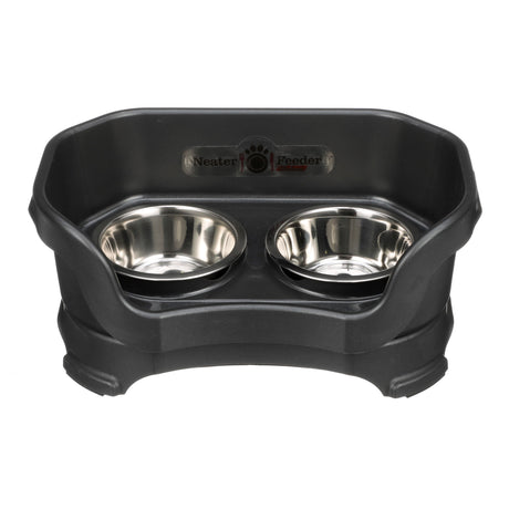Deluxe small Neater Feeder in Midnight Black with two stainless steel bowls against a white background.