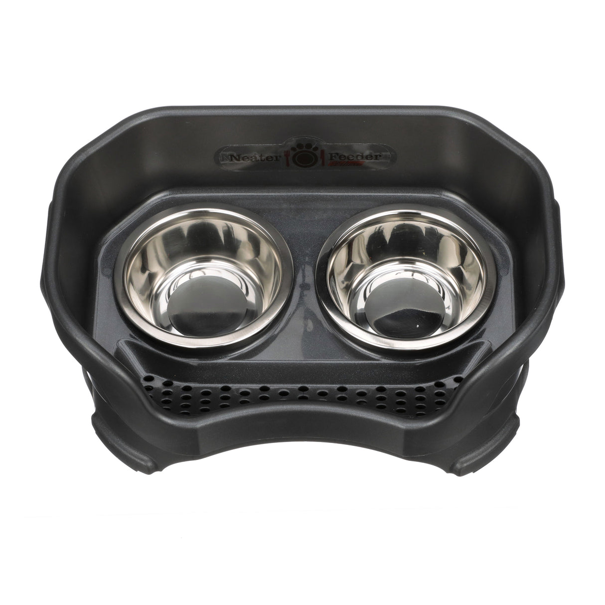 Deluxe small Neater Feeder in Midnight Black top view with two stainless steel bowls against a white background.