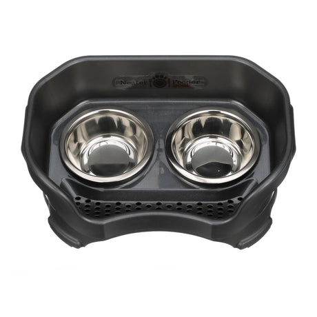 Deluxe small Neater Feeder in Midnight Black top view with two stainless steel bowls against a white background.
