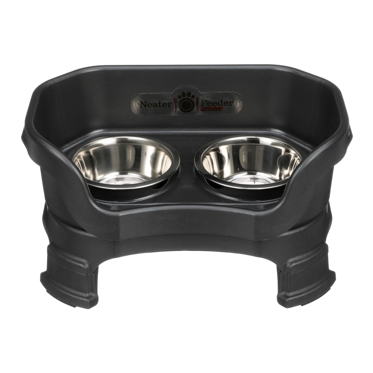 Neater Feeder Deluxe small with leg extensions in Midnight Black with two stainless steel bowls against a white background.