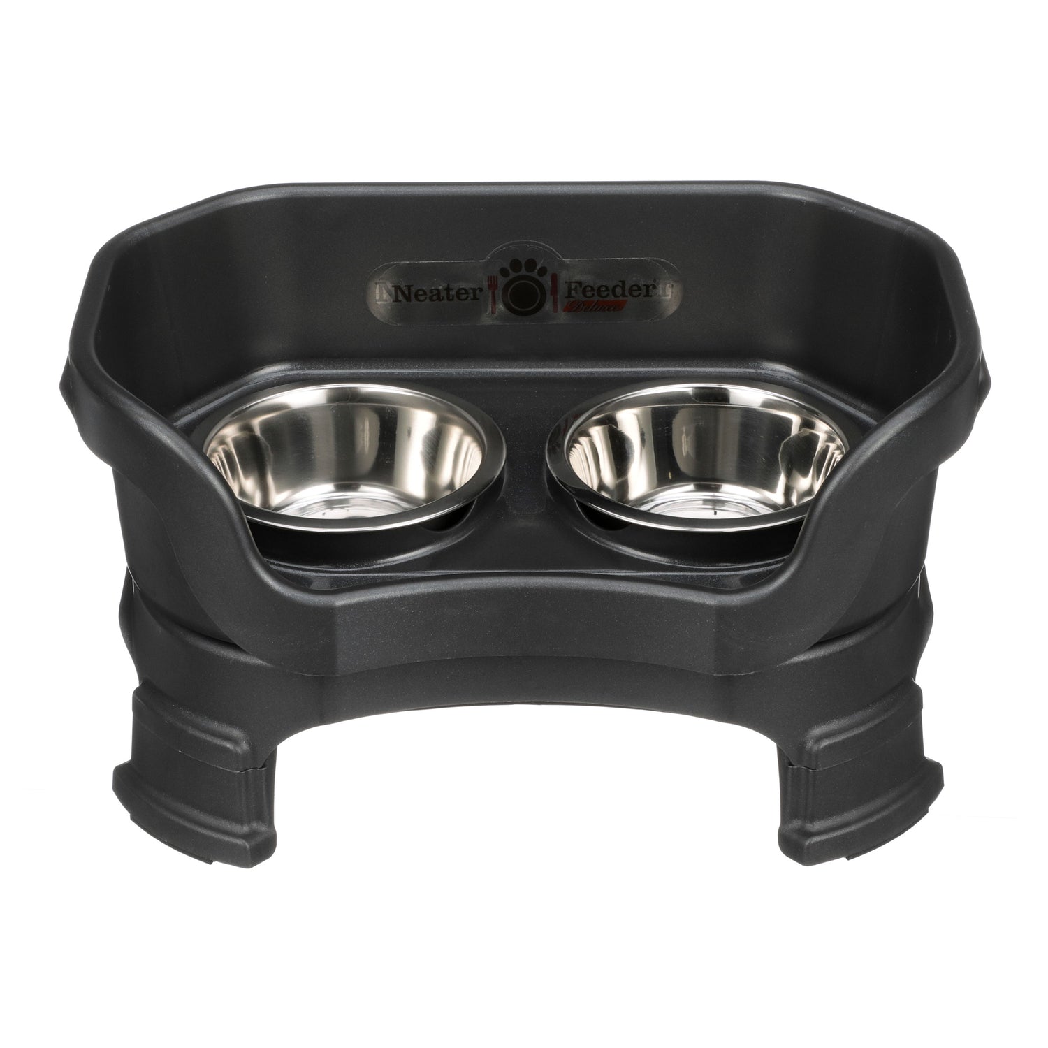 Neater Feeder Deluxe small with leg extensions in Midnight Black with two stainless steel bowls against a white background.
