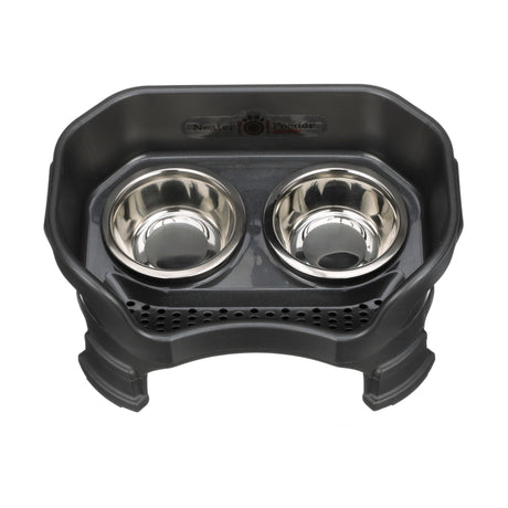 Deluxe small Neater Feeder in Midnight Black with leg extensions top view with two stainless steel bowls against a white background.
