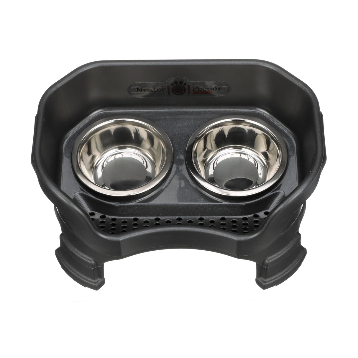 Deluxe Small Neater Feeder with leg extensions in Midnight Black top view with two stainless steel bowls against a white background.