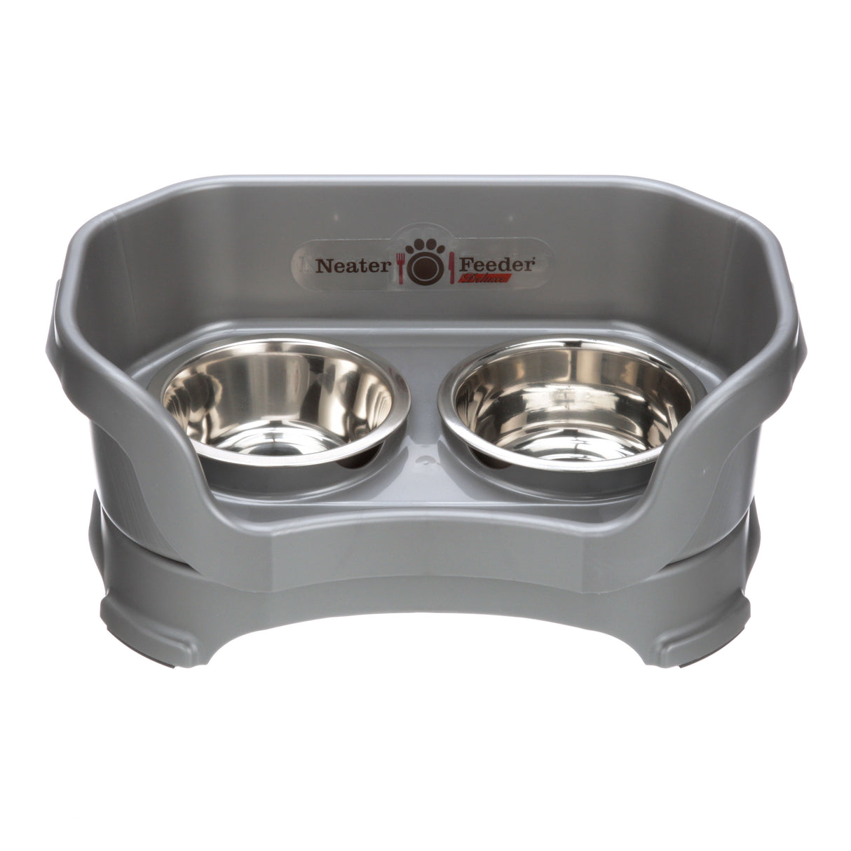 Deluxe small Neater Feeder in Gunmetal Grey with two stainless steel bowls against a white background.