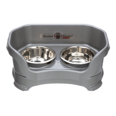 Deluxe small Neater Feeder in Gunmetal Grey with two stainless steel bowls against a white background.