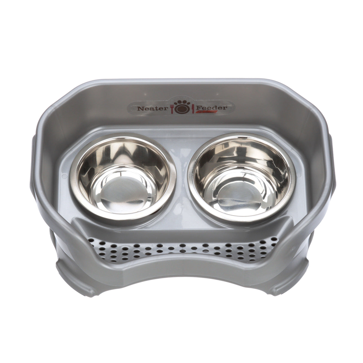 Deluxe small Neater Feeder in Gunmetal Grey with two stainless steel bowls against a white background.