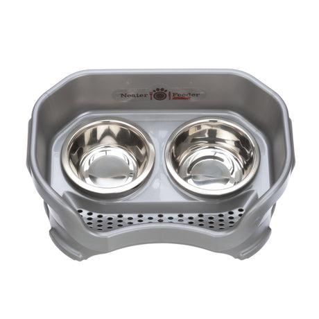 Deluxe small Neater Feeder in Gunmetal Grey with two stainless steel bowls against a white background.