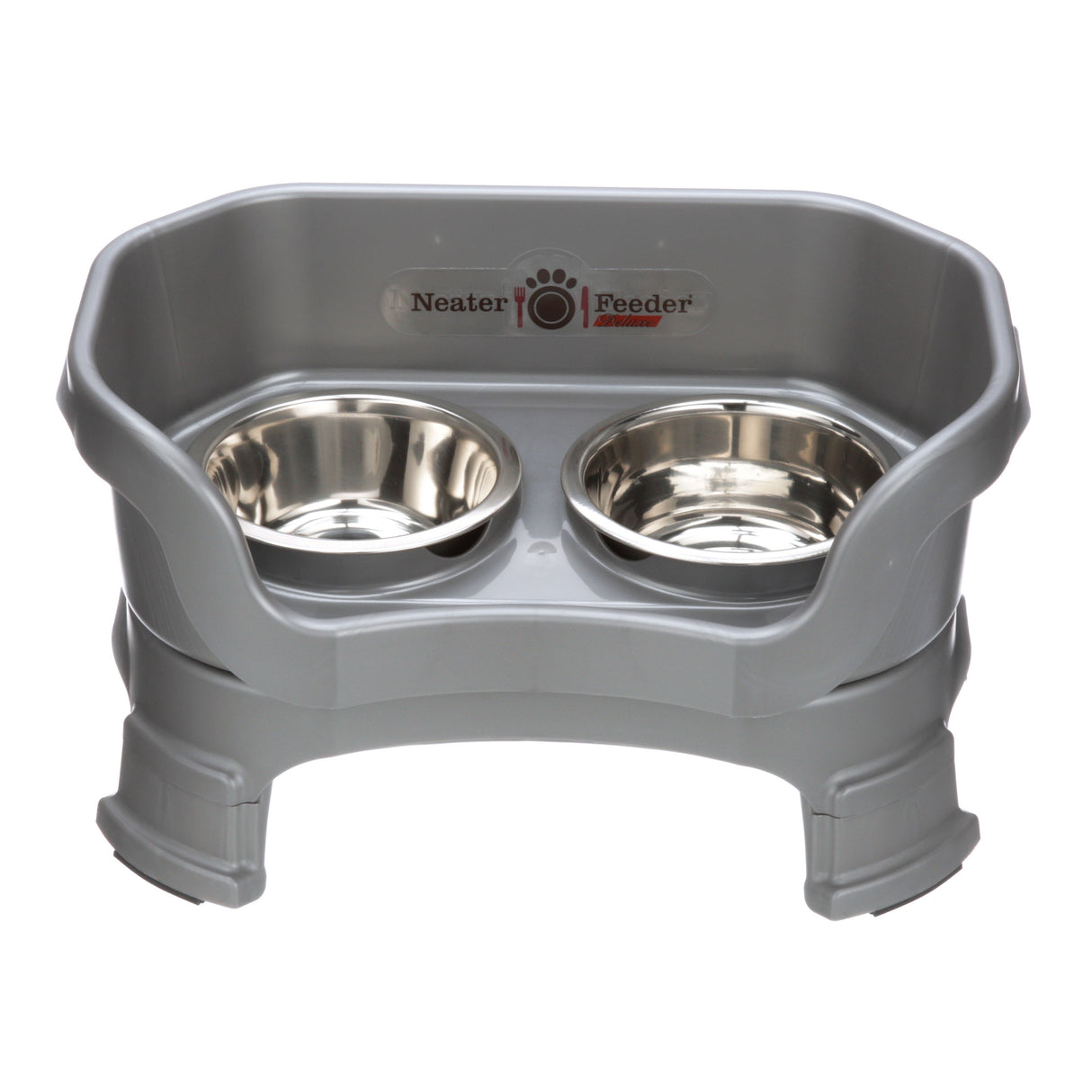 Neater Feeder Deluxe small with leg extensions in Gunmetal Grey with two stainless steel bowls against a white background.