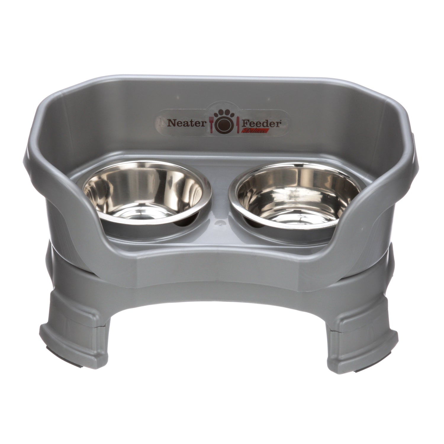 Neater Feeder Deluxe small with leg extensions in Gunmetal Grey with two stainless steel bowls against a white background.