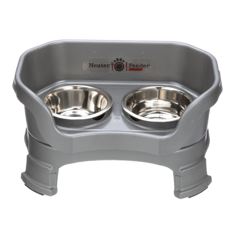 Deluxe small Neater Feeder in Gunmetal Grey with leg extensions with two stainless steel bowls against a white background.