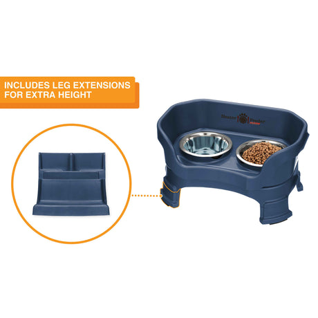 The Neater Feeder Deluxe small with a close-up of the leg extensions that are included.