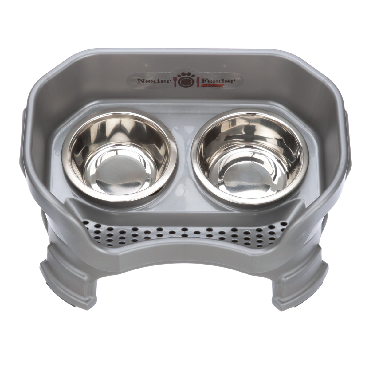Deluxe Small Neater Feeder with leg extensions in Gunmetal Grey top view with two stainless steel bowls against a white background.