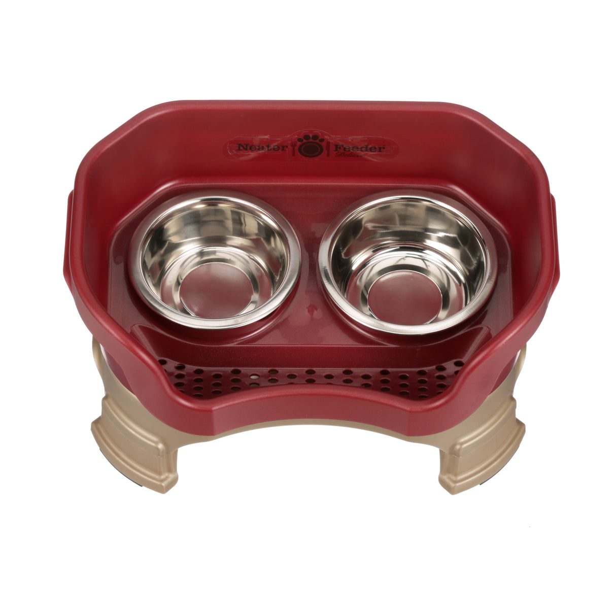 Deluxe small Neater Feeder in Cranberry with leg extensions top view with two stainless steel bowls against a white background.