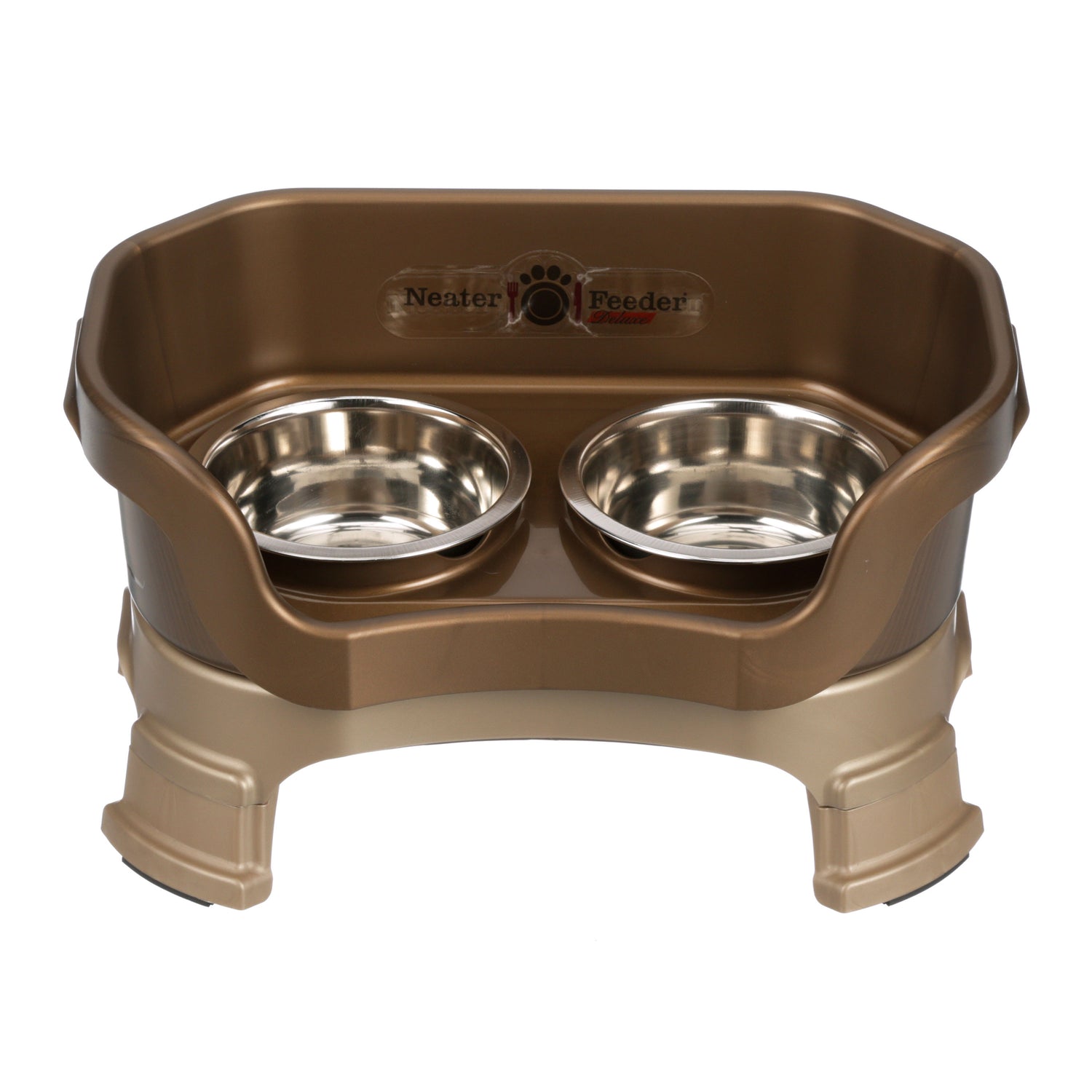 Neater Feeder Deluxe small with leg extensions in Bronze with two stainless steel bowls against a white background.