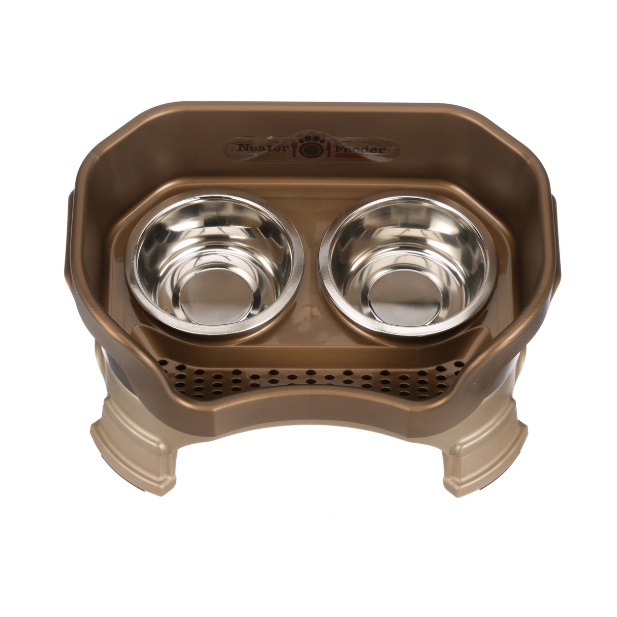 Deluxe small Neater Feeder in Bronze with leg extensions top view with two stainless steel bowls against a white background.