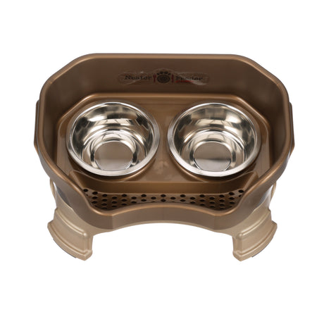 Deluxe small Neater Feeder in Bronze with leg extensions top view with two stainless steel bowls against a white background.