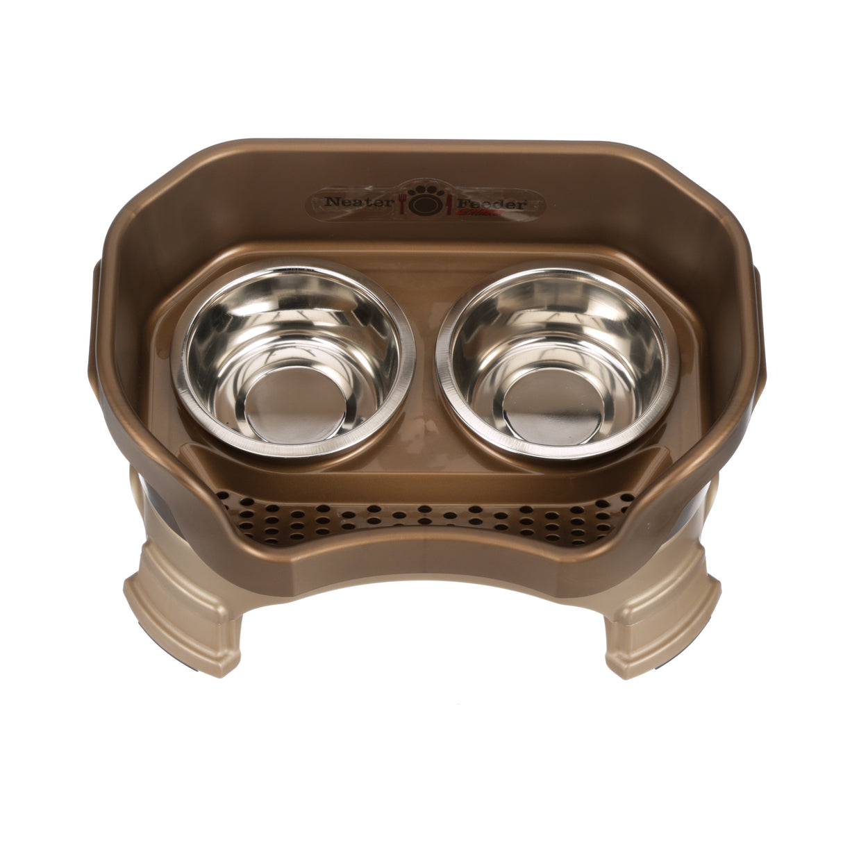 Deluxe Small Neater Feeder with leg extensions in Bronze top view with two stainless steel bowls against a white background.