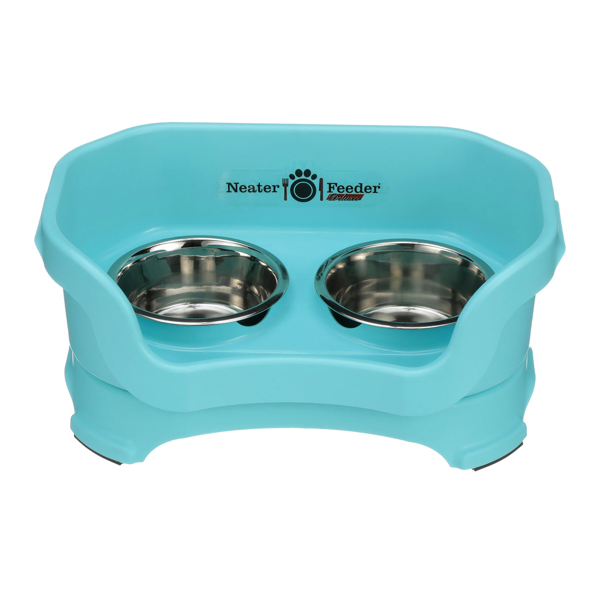 Deluxe small Neater Feeder in Aqua with two stainless steel bowls against a white background.