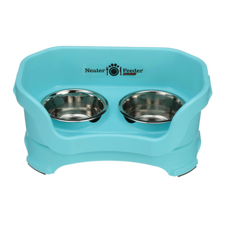 Deluxe small Neater Feeder in Aqua with two stainless steel bowls against a white background.