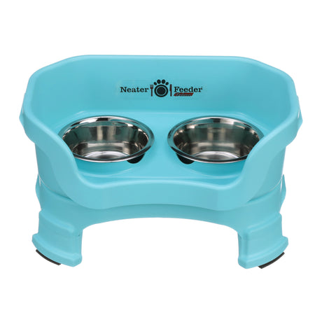 Deluxe small Neater Feeder in Aqua with leg extensions with two stainless steel bowls against a white background.