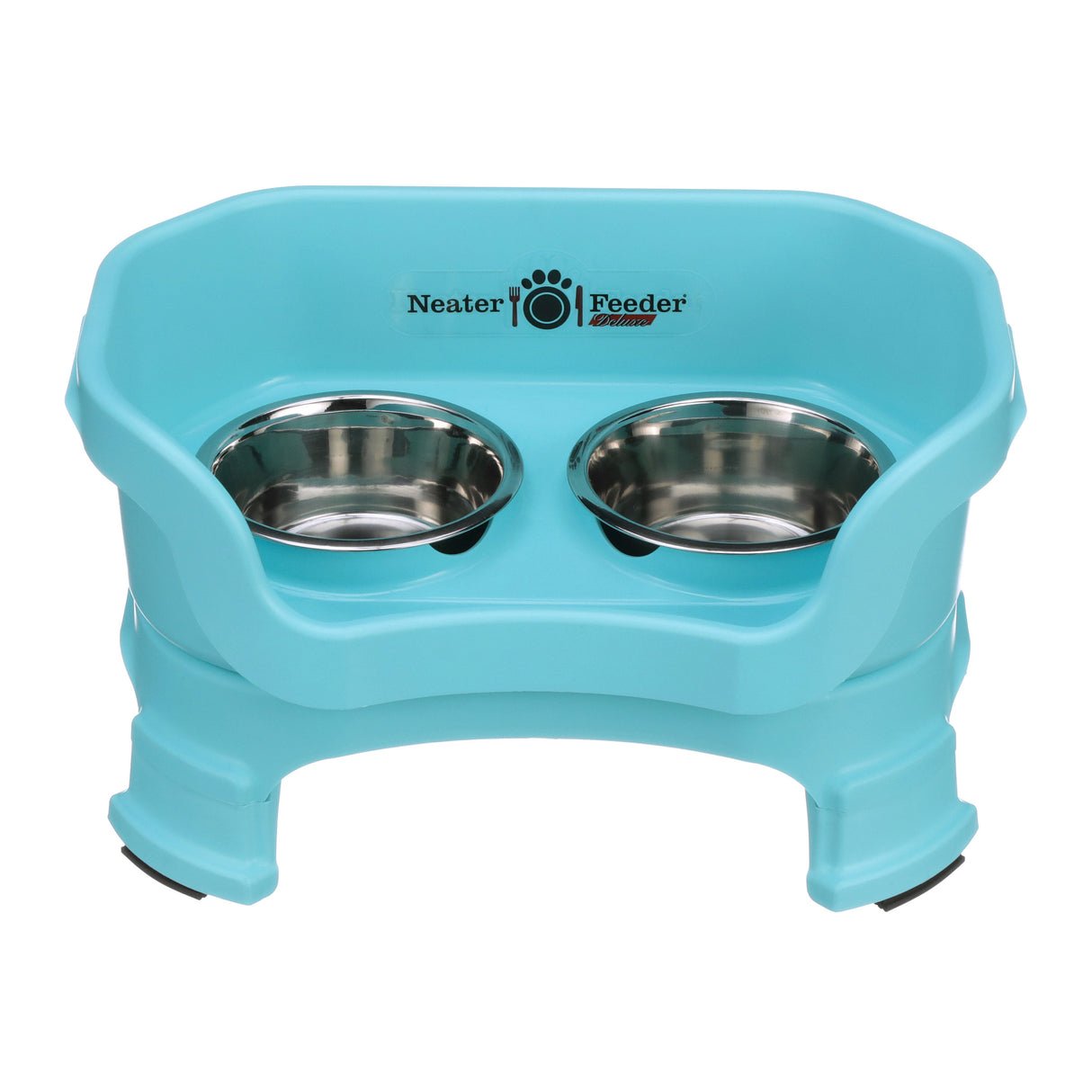 Neater Feeder Deluxe small with leg extensions in Aqua with two stainless steel bowls against a white background.