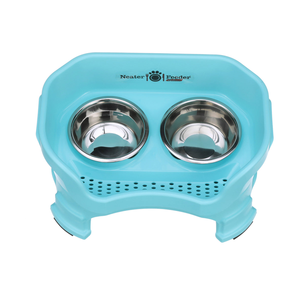 Deluxe small Neater Feeder in Aqua with leg extensions top view with two stainless steel bowls against a white background.