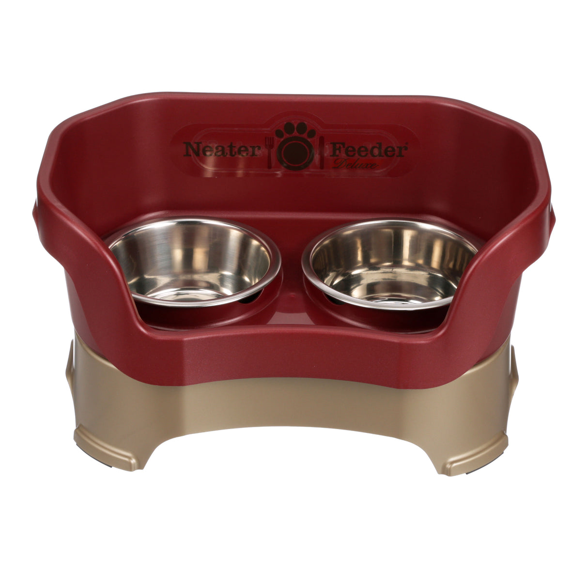 Deluxe medium Neater Feeder in Cranberry with two stainless steel bowls against a white background.