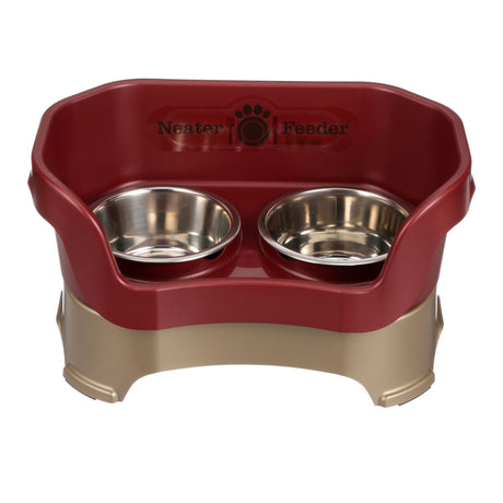 Deluxe medium Neater Feeder in Cranberry with two stainless steel bowls against a white background.