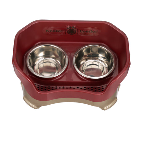 Deluxe medium Neater Feeder in Cranberry top view with two stainless steel bowls against a white background.
