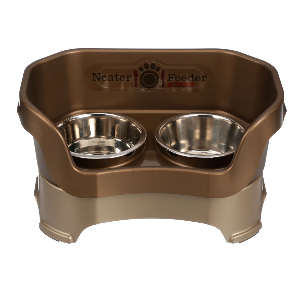 Deluxe medium Neater Feeder in Bronze with two stainless steel bowls against a white background.
