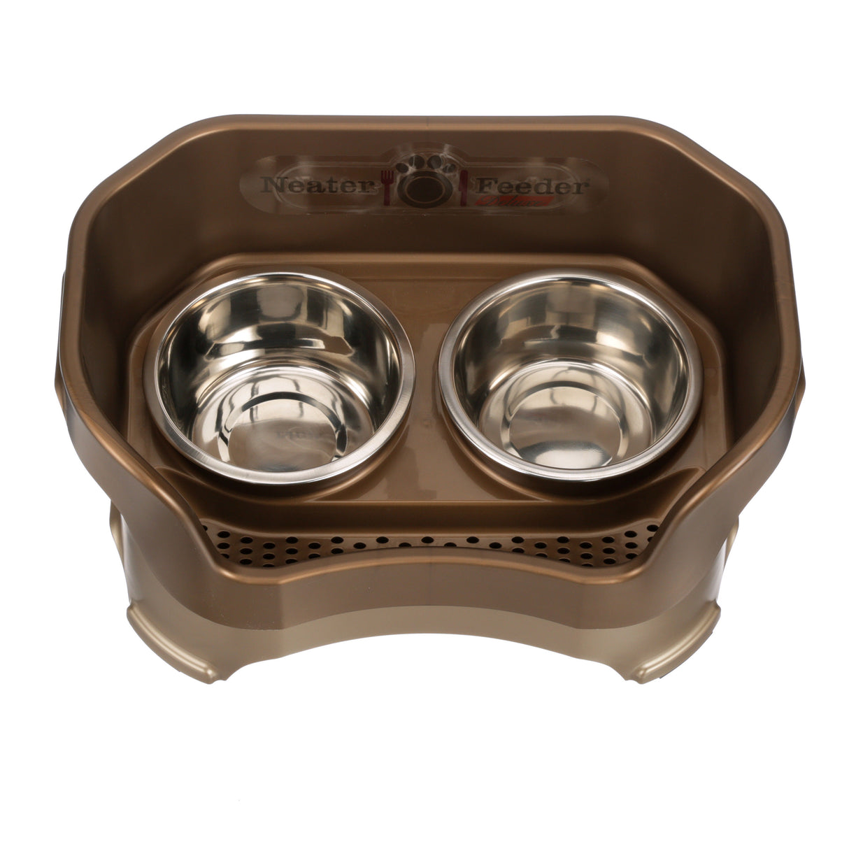 Deluxe medium Neater Feeder in Bronze top view with two stainless steel bowls against a white background.