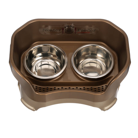 Deluxe medium Neater Feeder in Bronze top view with two stainless steel bowls against a white background.