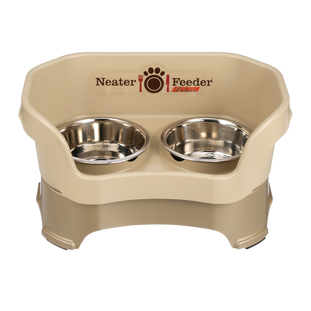 Deluxe medium Neater Feeder in Cappuccino with two stainless steel bowls against a white background.