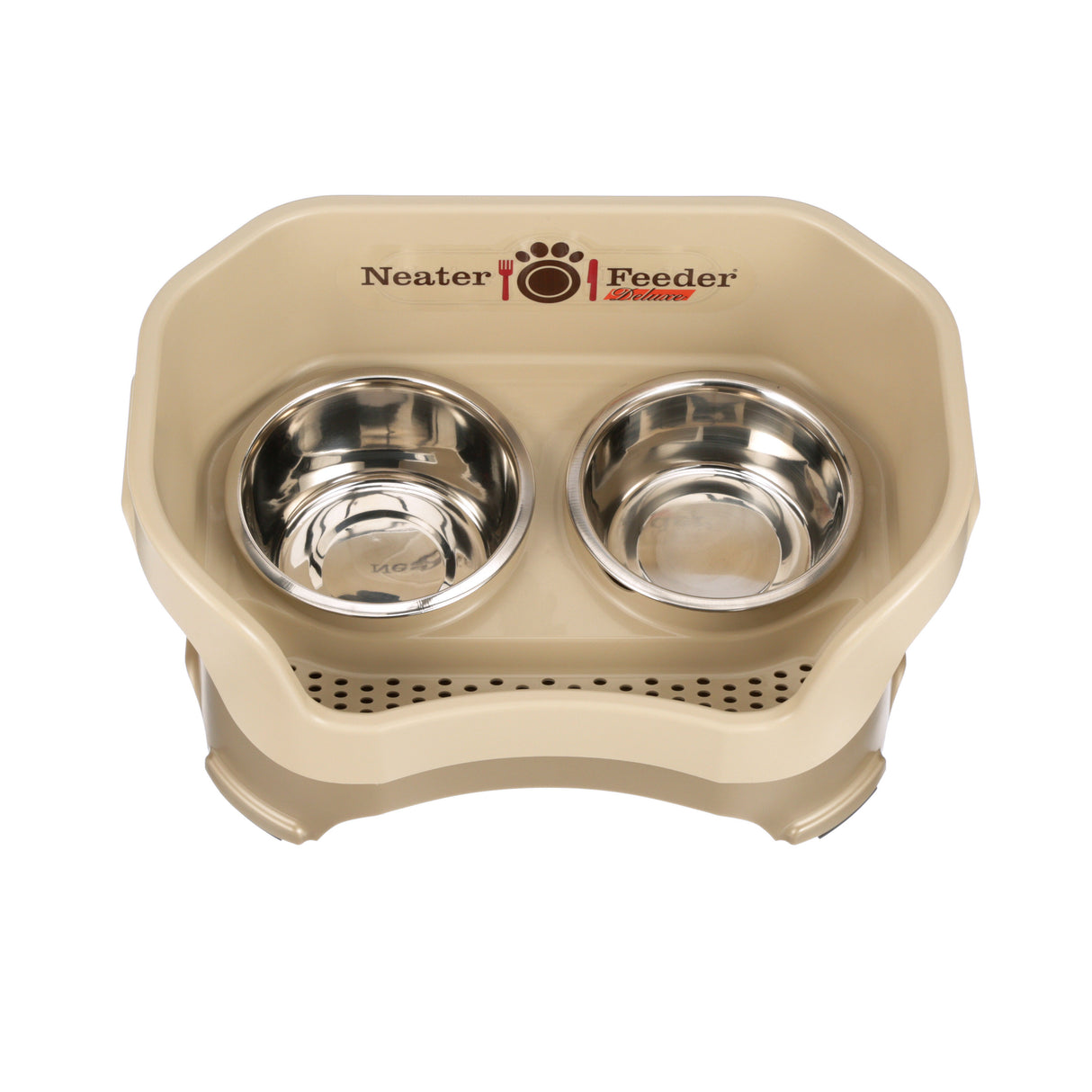 Deluxe medium Neater Feeder in Cappuccino top view with two stainless steel bowls against a white background.