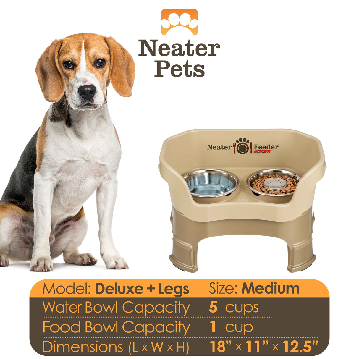A chart displaying the Deluxe medium with Slow Feed bowl and leg extension bowl capacity and dimensions, with a medium-sized dog next to the chart.