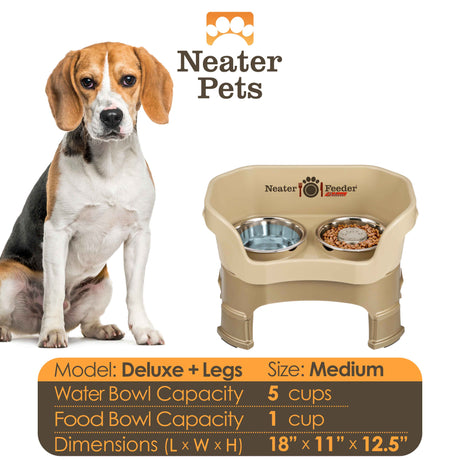 A chart displaying the Deluxe medium with Slow Feed bowl and leg extension bowl capacity and dimensions, with a medium-sized dog next to the chart.