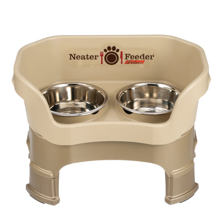 Neater Feeder Deluxe medium with leg extensions in Cappuccino with two stainless steel bowls against a white background.