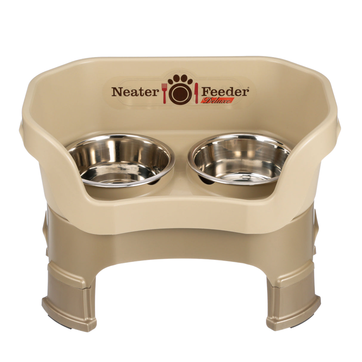 Deluxe medium Neater Feeder in Cappuccino with leg extensions with two stainless steel bowls against a white background.