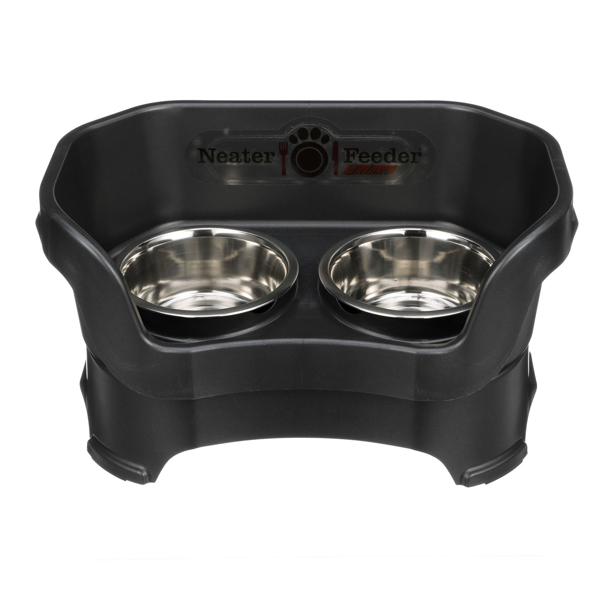 Deluxe medium Neater Feeder in Midnight Black with two stainless steel bowls against a white background.