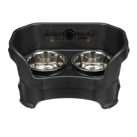Deluxe medium Neater Feeder in Midnight Black with two stainless steel bowls against a white background.