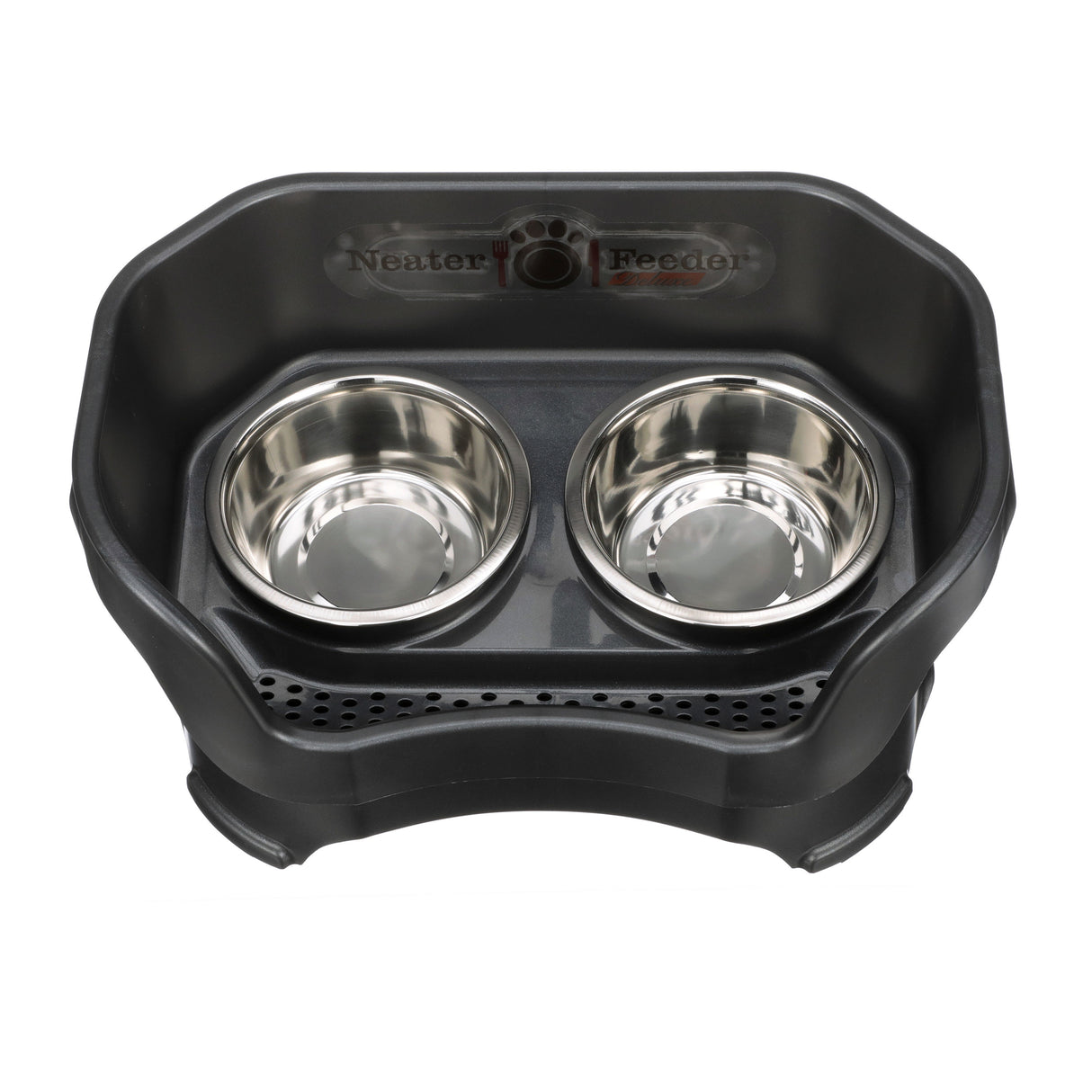 Deluxe medium Neater Feeder in Midnight Black top view with two stainless steel bowls against a white background.