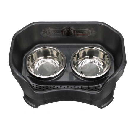 Deluxe medium Neater Feeder in Midnight Black top view with two stainless steel bowls against a white background.