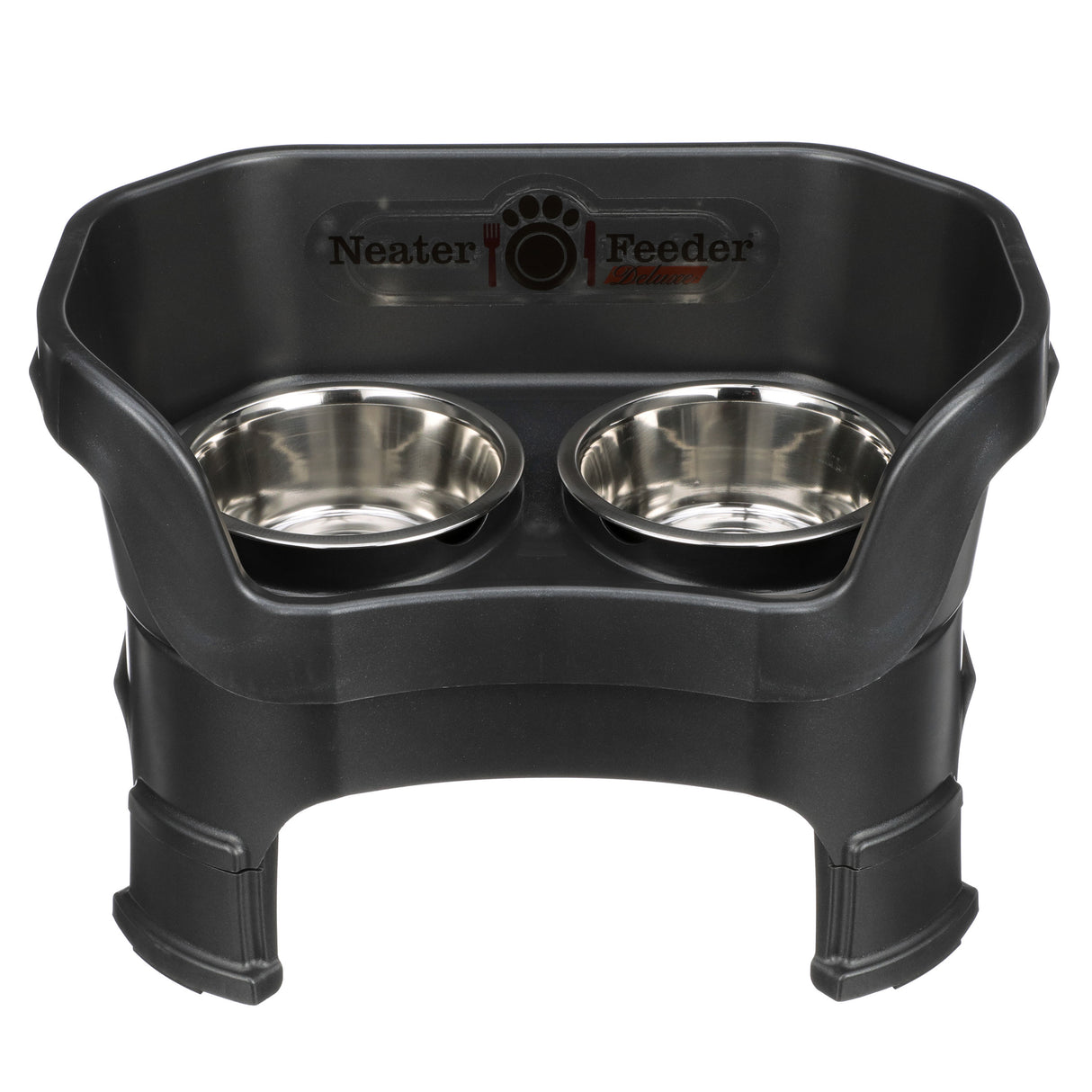 Deluxe Medium Neater Feeder with leg extensions in Midnight Black with two stainless steel bowls against a white background.